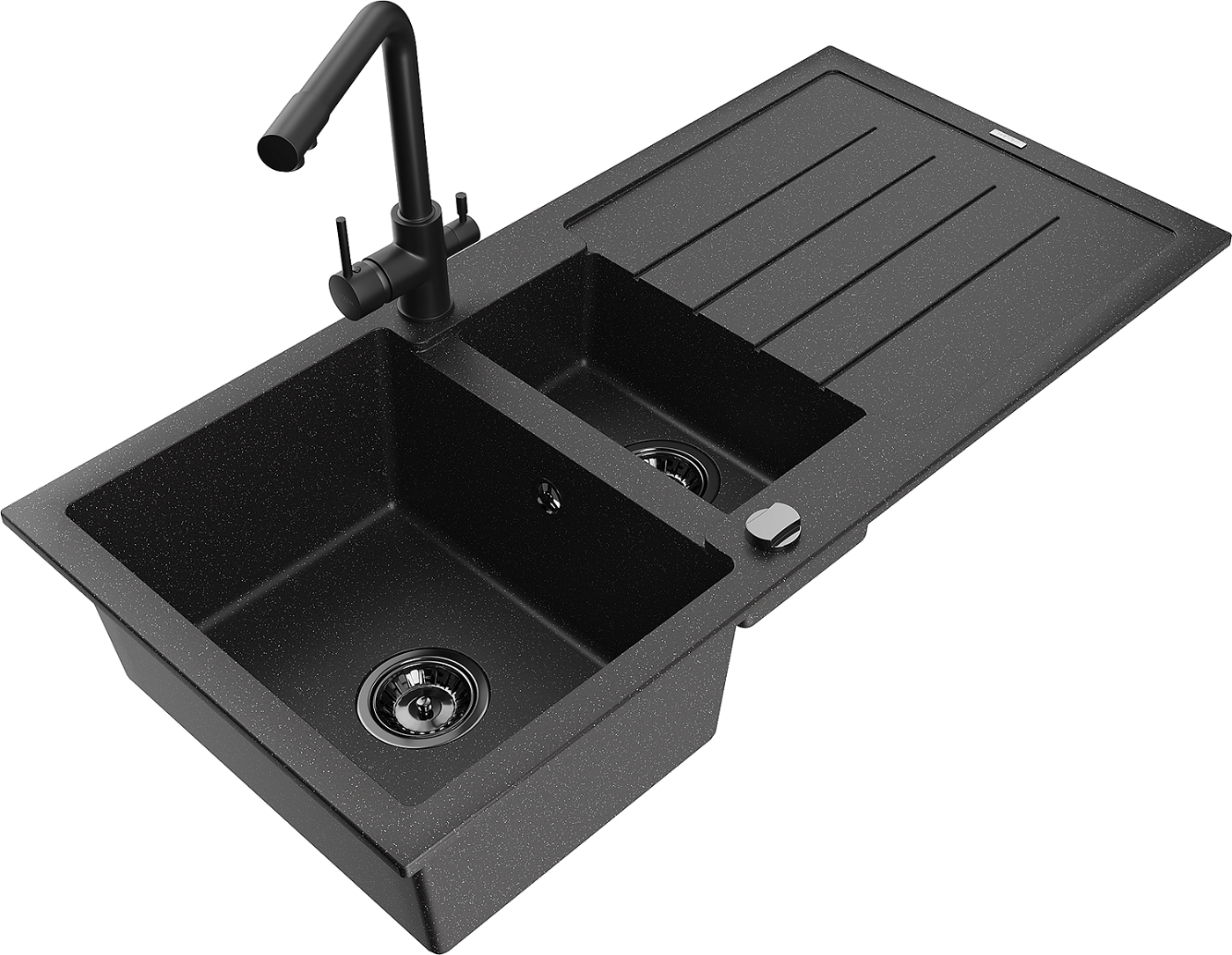 Mexen Andres zlewozmywak granitowy 1,5-komorowy z ociekaczem i baterią kuchenną Duero, czarny/srebrny - 6515-73-671600-70-B