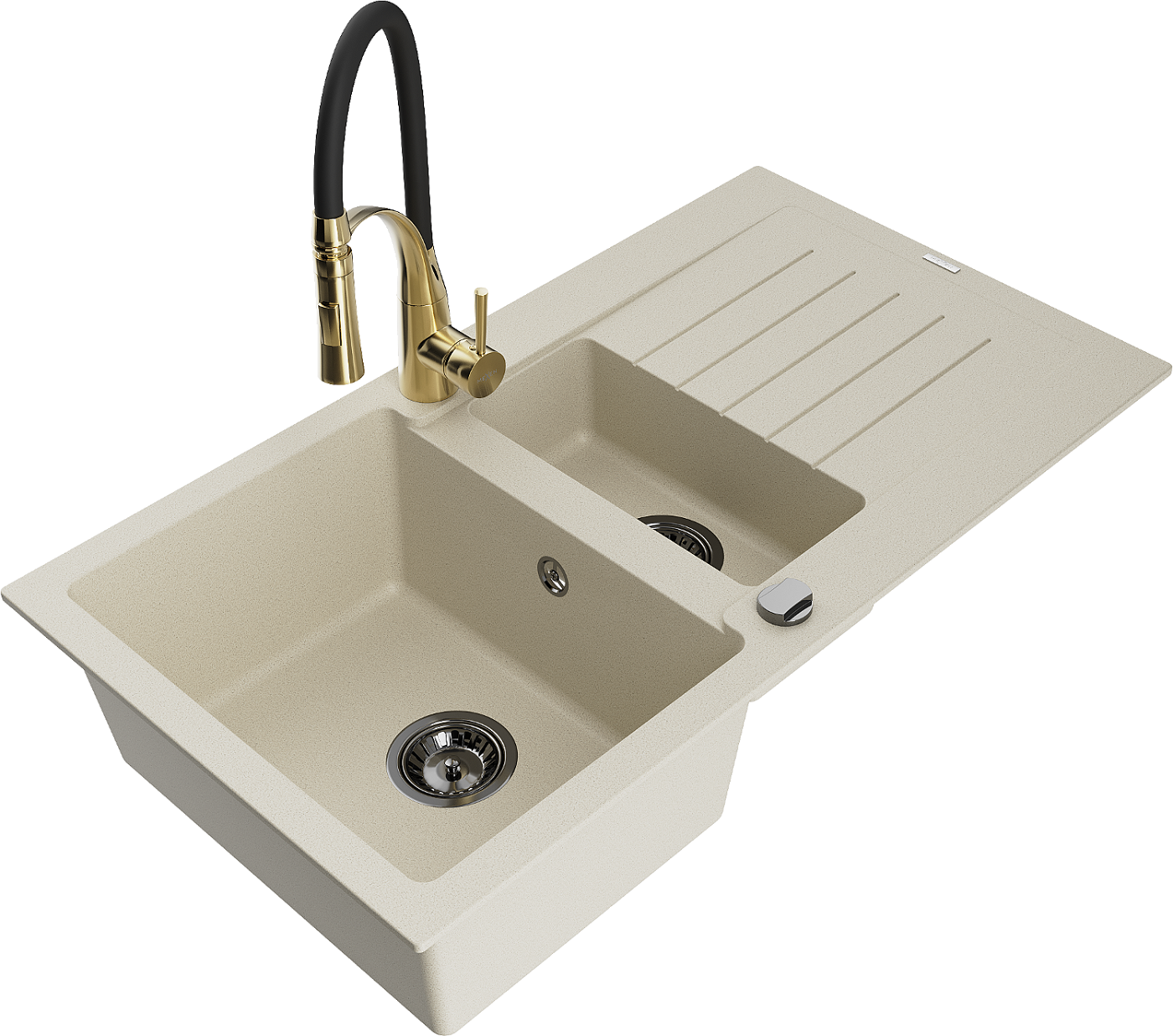 Mexen Matias zlewozmywak granitowy 1,5-komorowy z ociekaczem i baterią kuchenną Aster, beżowy - 6502-69-73450-57-B