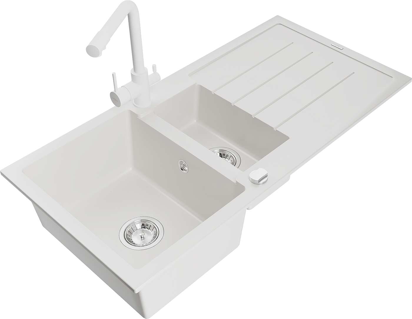 Mexen Andres zlewozmywak granitowy 1,5-komorowy z ociekaczem i baterią kuchenną Duero, biały - 6515-20-671600-20