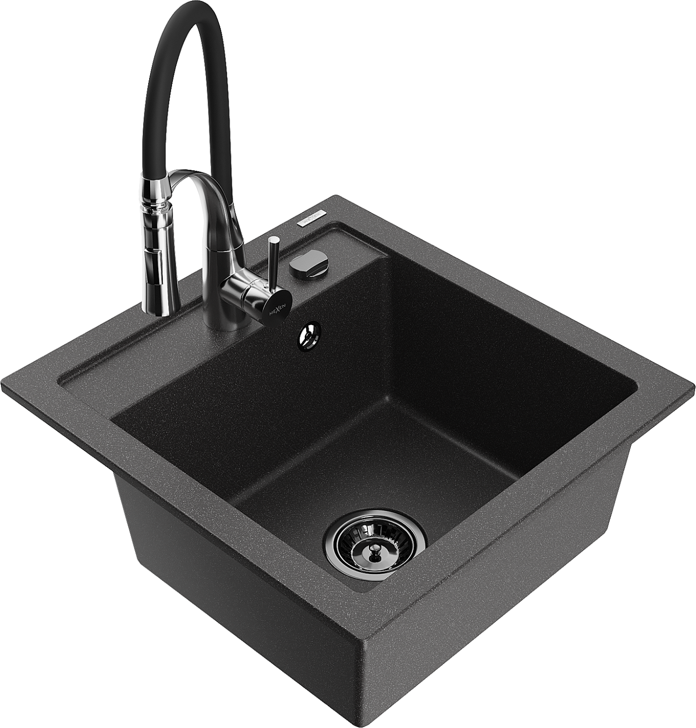 Mexen Vito zlewozmywak granitowy 1-komorowy z baterią kuchenną Aster, czarny nakrapiany - 6503-76-73450-07-B
