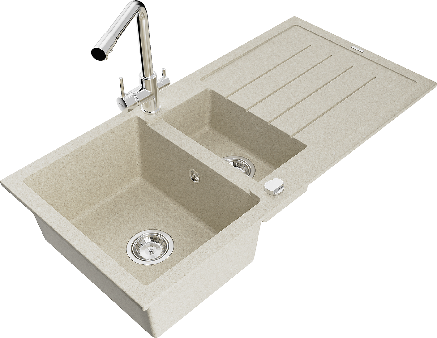 Mexen Andres zlewozmywak granitowy 1,5-komorowy z ociekaczem i baterią kuchenną Duero, beżowy - 6515-69-671600-00