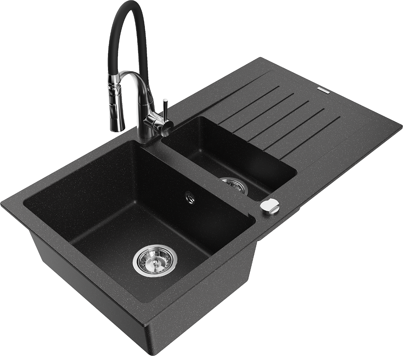 Mexen Matias zlewozmywak granitowy 1,5-komorowy z ociekaczem i baterią kuchenną Aster, czarny/srebrny metalik - 6502-73-73450-07