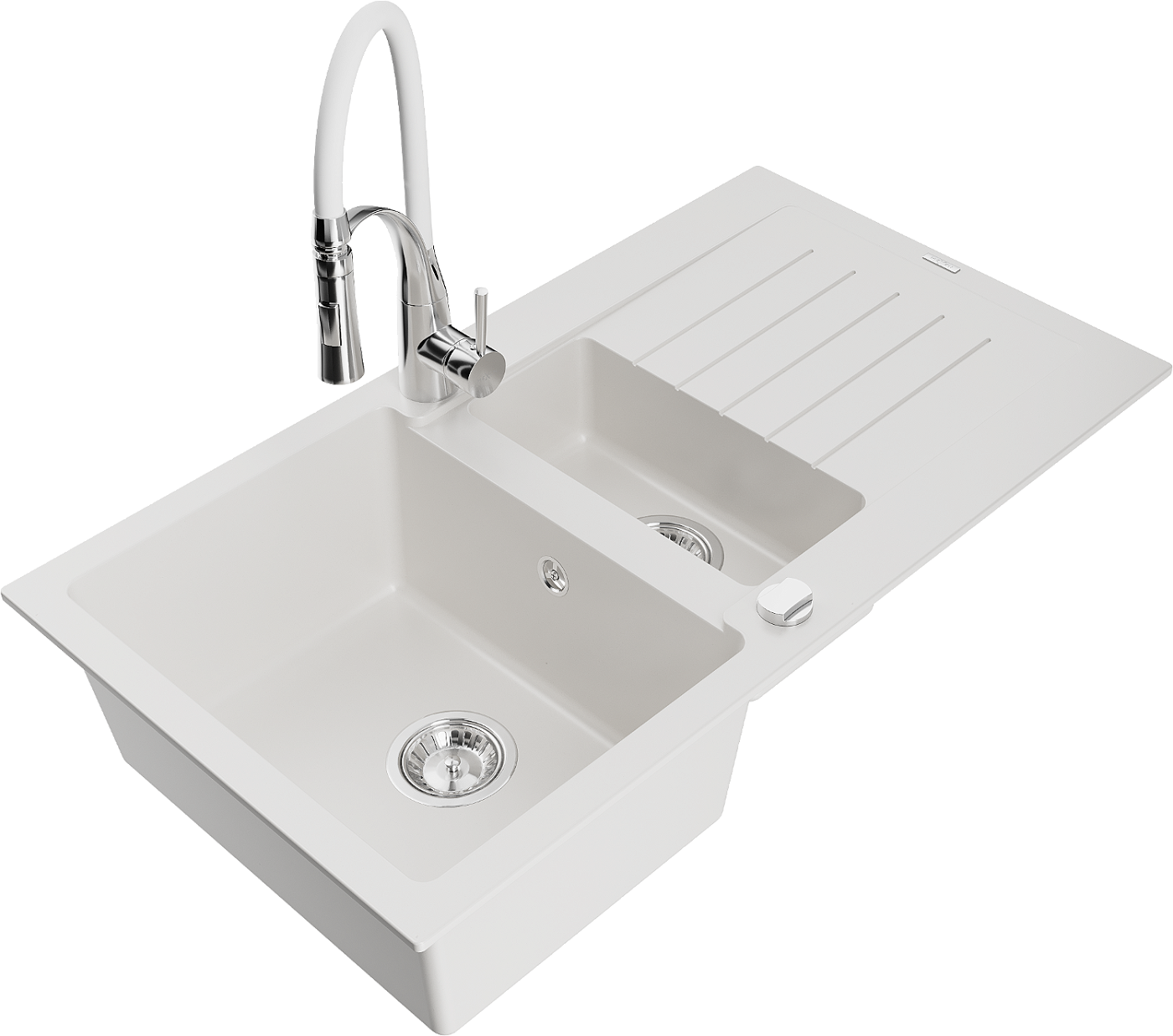 Mexen Matias zlewozmywak granitowy 1,5-komorowy z ociekaczem i baterią kuchenną Aster, biały - 6502-20-73450-02