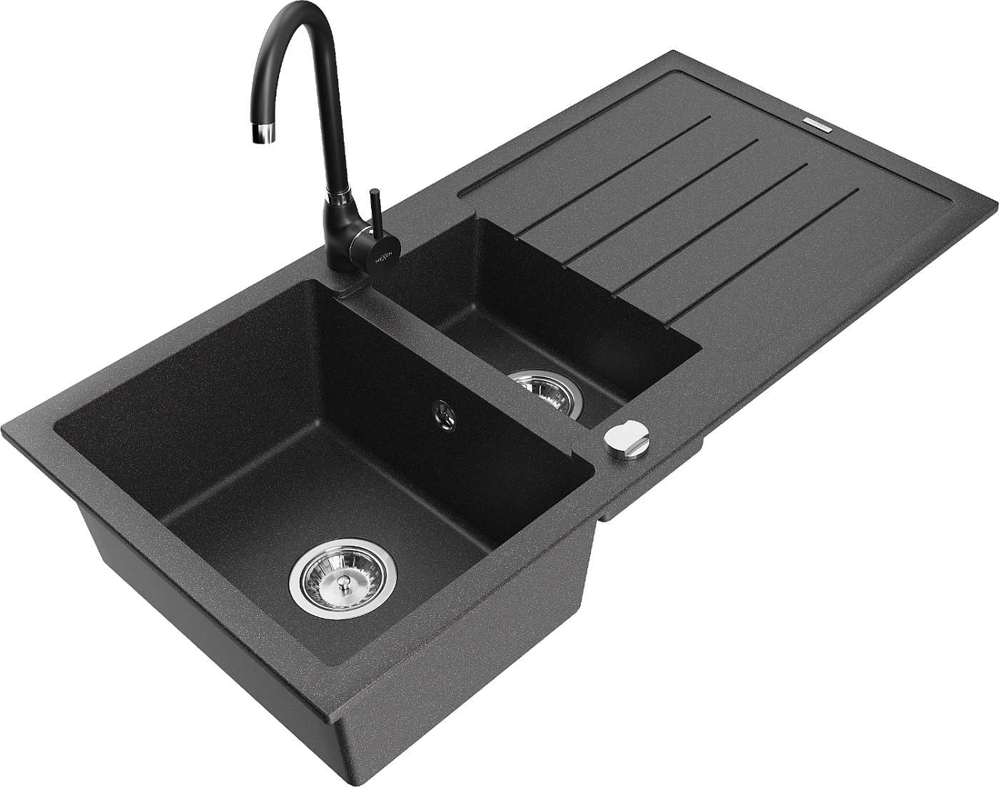 Mexen Andres zlewozmywak granitowy 1,5-komorowy z ociekaczem i baterią kuchenną Telma, czarny nakrapiany - 6515-76-670200-70