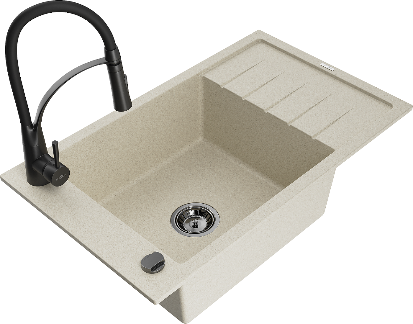Mexen Elias zlewozmywak granitowy 1-komorowy z ociekaczem i baterią kuchenną Aster, beżowy - 6511-69-73450-70-B
