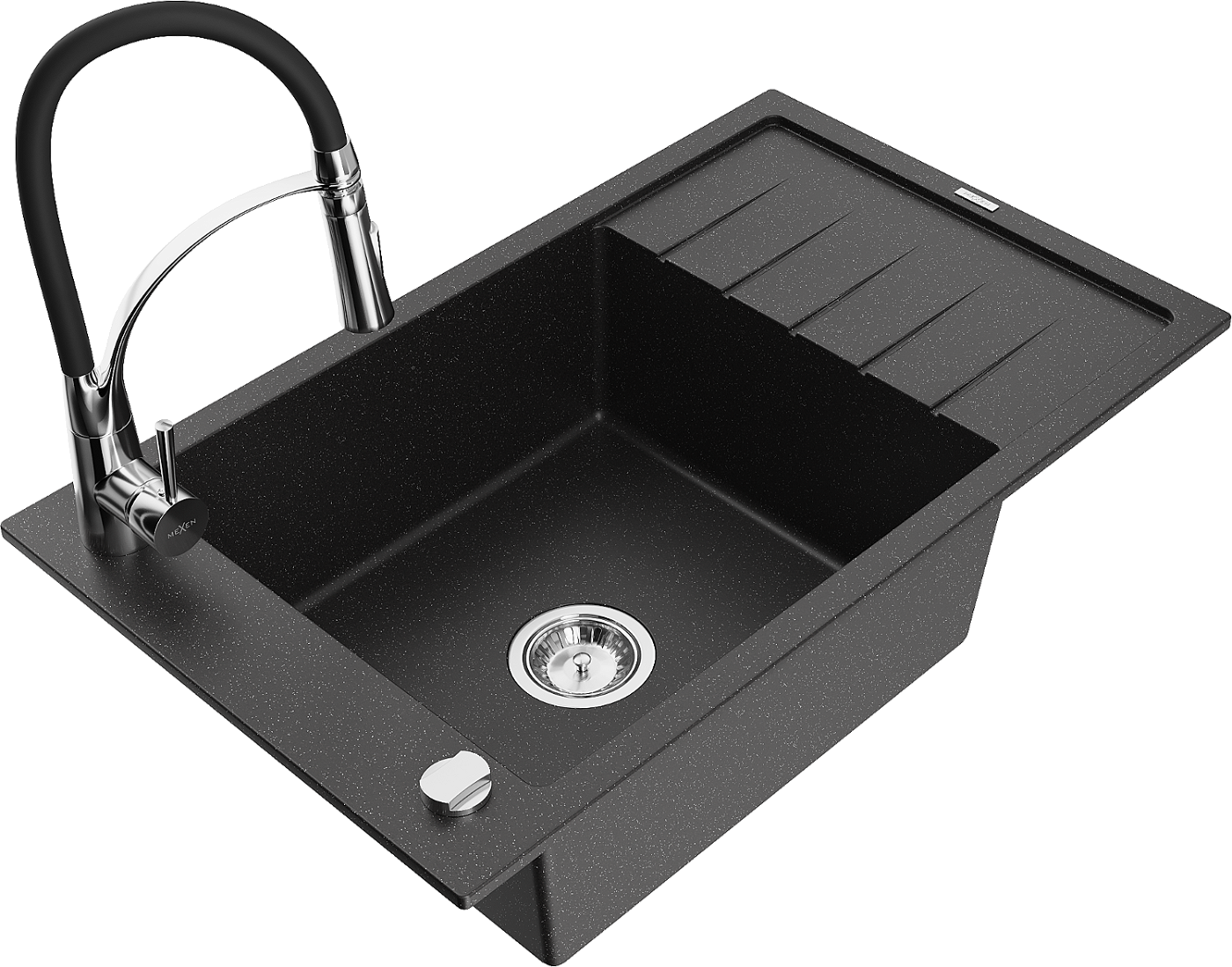 Mexen Elias zlewozmywak granitowy 1-komorowy z ociekaczem i baterią kuchenną Aster, czarny/srebrny metalik - 6511-73-73450-07