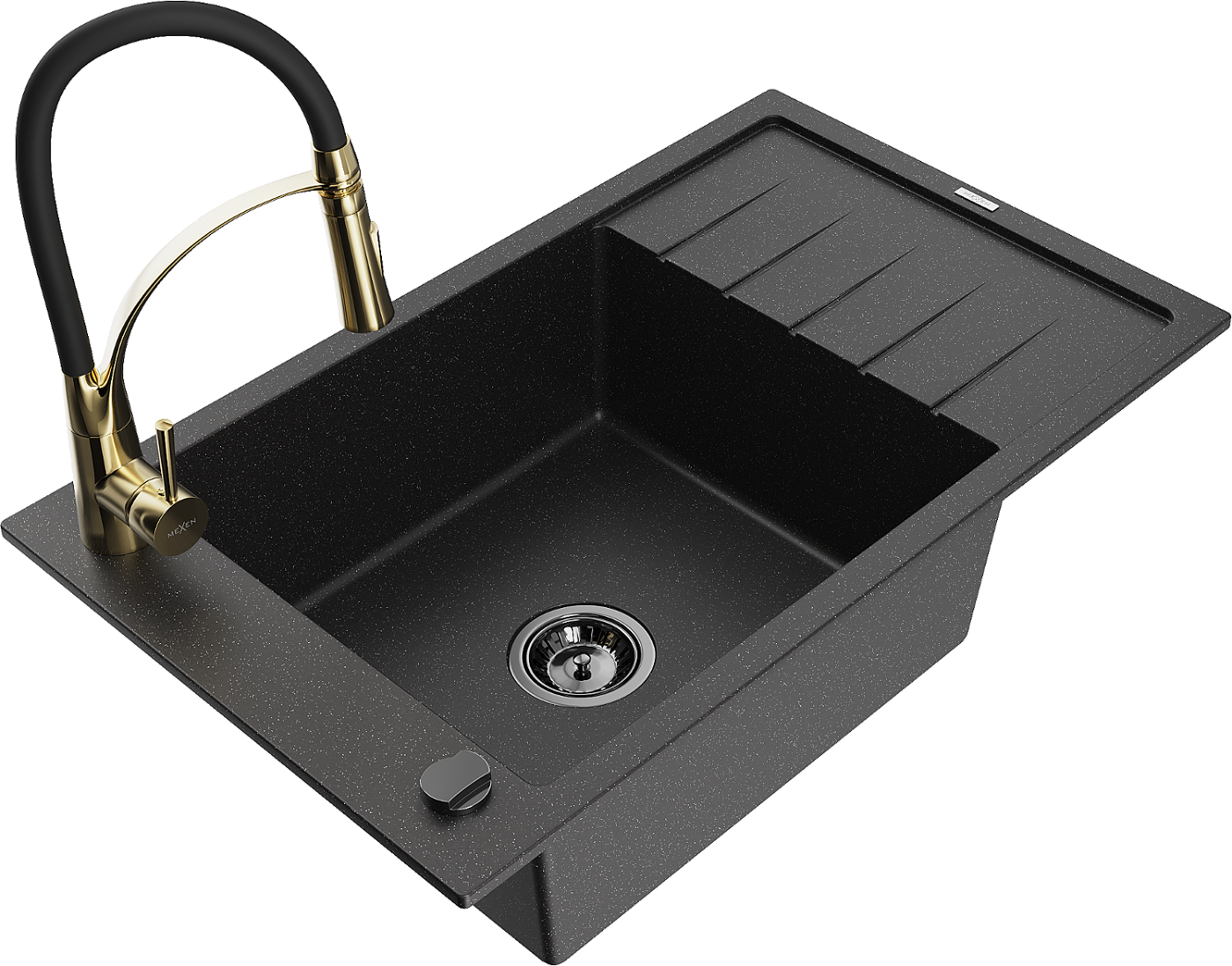 Mexen Elias zlewozmywak granitowy 1-komorowy z ociekaczem i baterią kuchenną Aster, czarny/srebrny metalik - 6511-73-73450-57-B