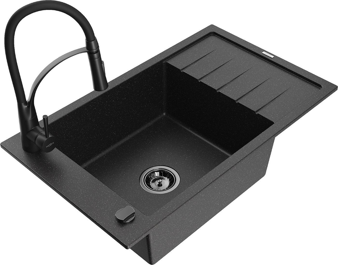 Mexen Elias zlewozmywak granitowy 1-komorowy z ociekaczem i baterią kuchenną Aster, czarny/srebrny metalik - 6511-73-73450-70-B
