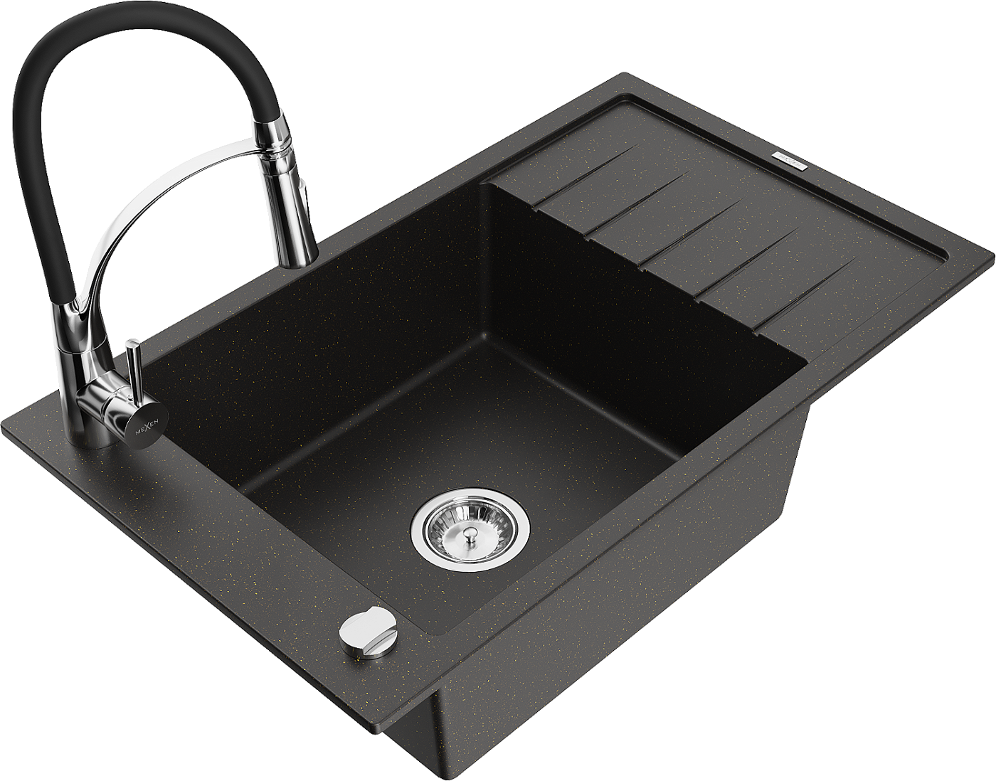 Mexen Elias zlewozmywak granitowy 1-komorowy z ociekaczem i baterią kuchenną Aster, czarny/złoty metalik - 6511-75-73450-70