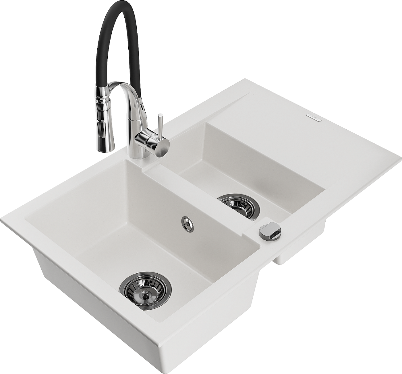 Mexen Gaspar zlewozmywak granitowy 1,5-komorowy z ociekaczem i baterią kuchenną Aster, biały - 6507-20-73450-07-B