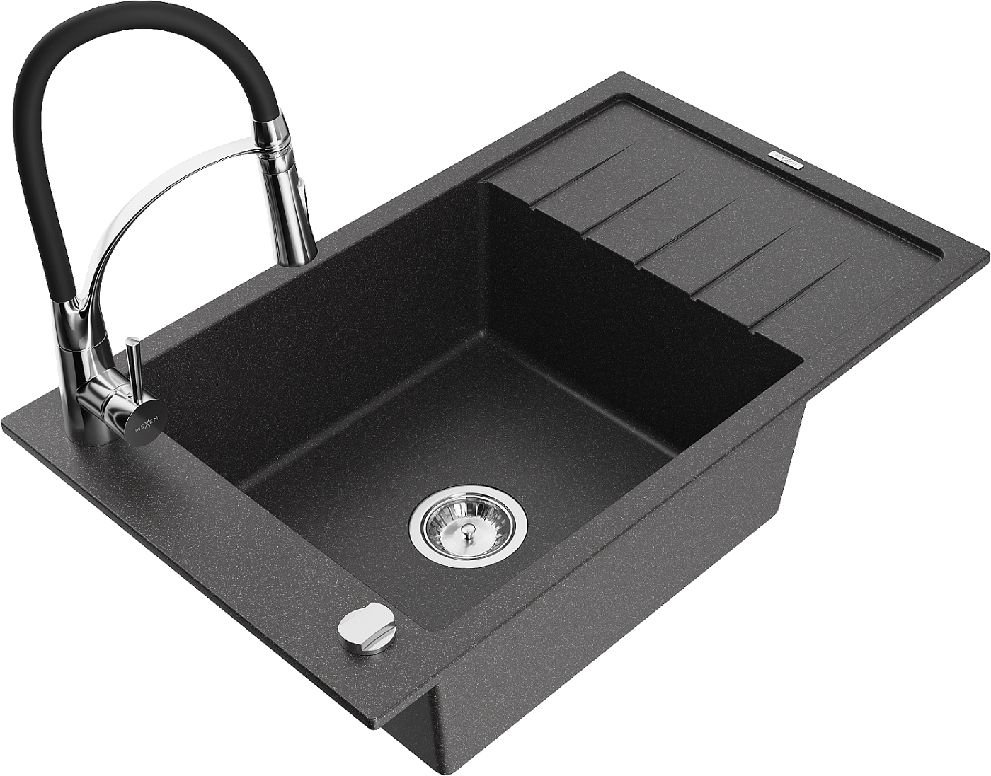 Mexen Elias zlewozmywak granitowy 1-komorowy z ociekaczem i baterią kuchenną Aster, czarny nakrapiany - 6511-76-73450-07