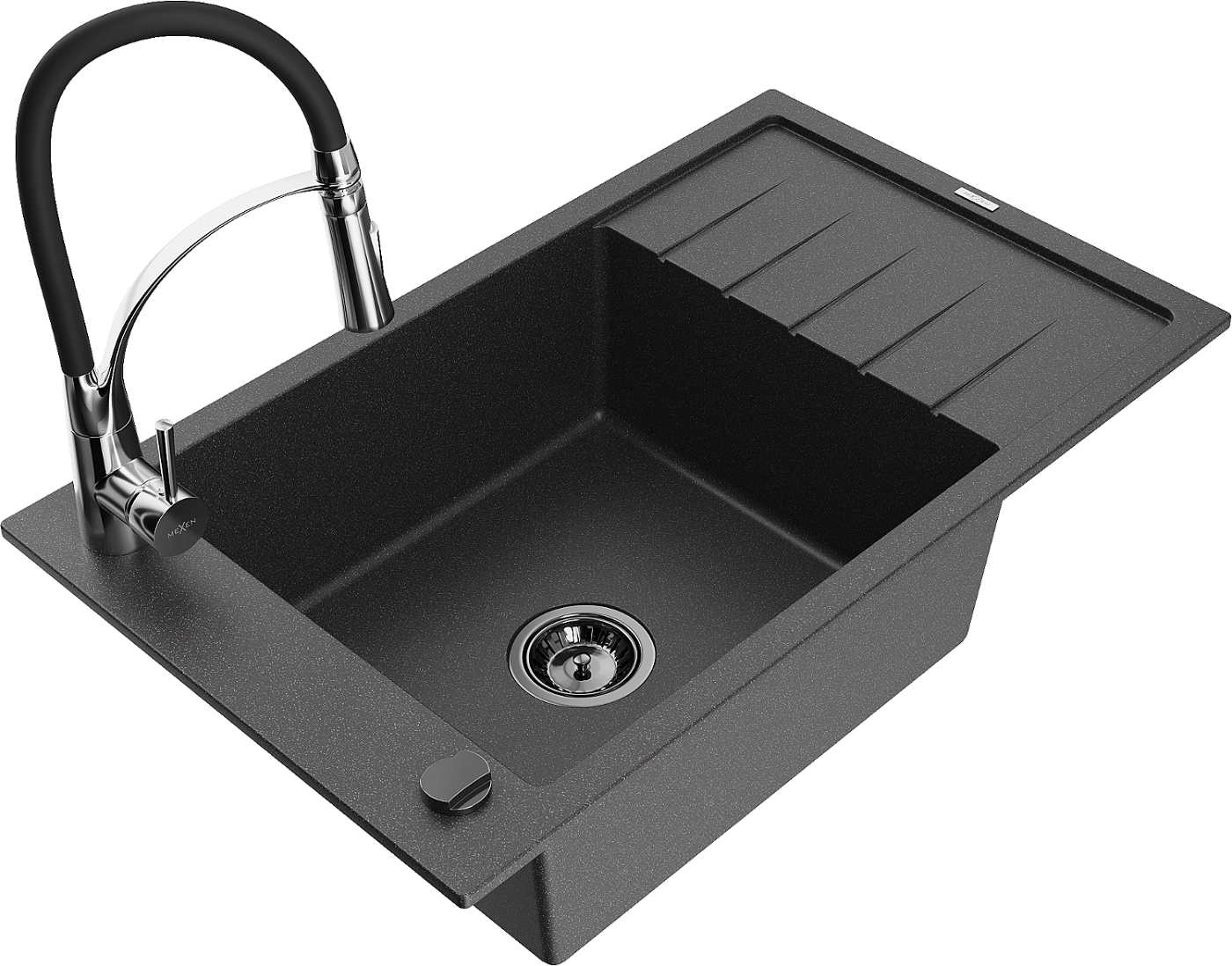 Mexen Elias zlewozmywak granitowy 1-komorowy z ociekaczem i baterią kuchenną Aster, czarny nakrapiany - 6511-76-73450-07-B