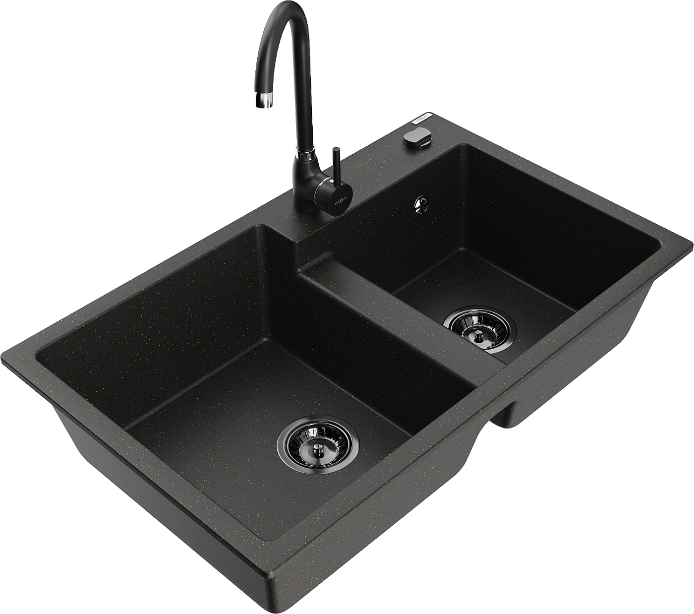 Mexen Tomas zlewozmywak granitowy 2-komorowy z baterią kuchenną Telma, czarny/złoty metalik - 6516-75-670200-70-B