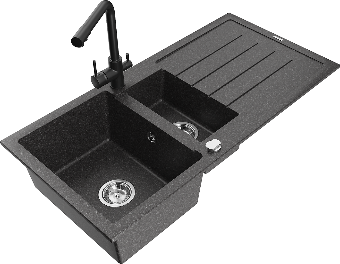 Mexen Andres zlewozmywak granitowy 1,5-komorowy z ociekaczem i baterią kuchenną Duero, czarny nakrapiany - 6515-76-671600-70