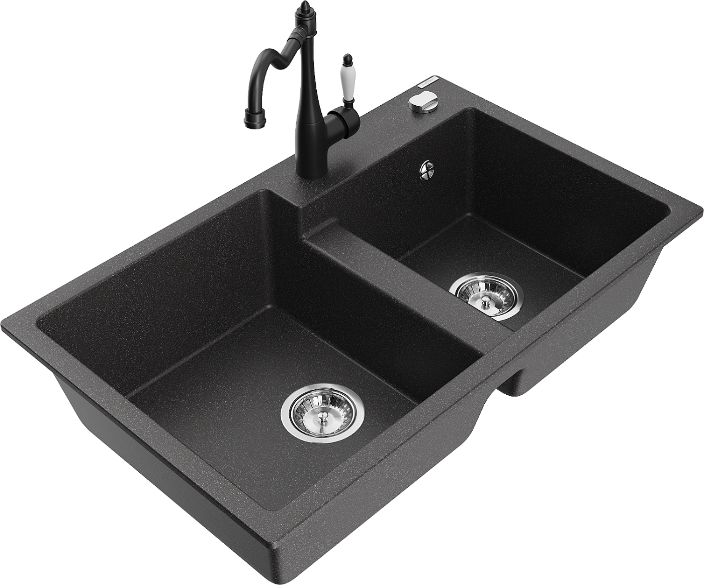 Mexen Tomas zlewozmywak granitowy 2-komorowy z baterią kuchenną Carla, czarny nakrapiany - 6516-76-670700-70