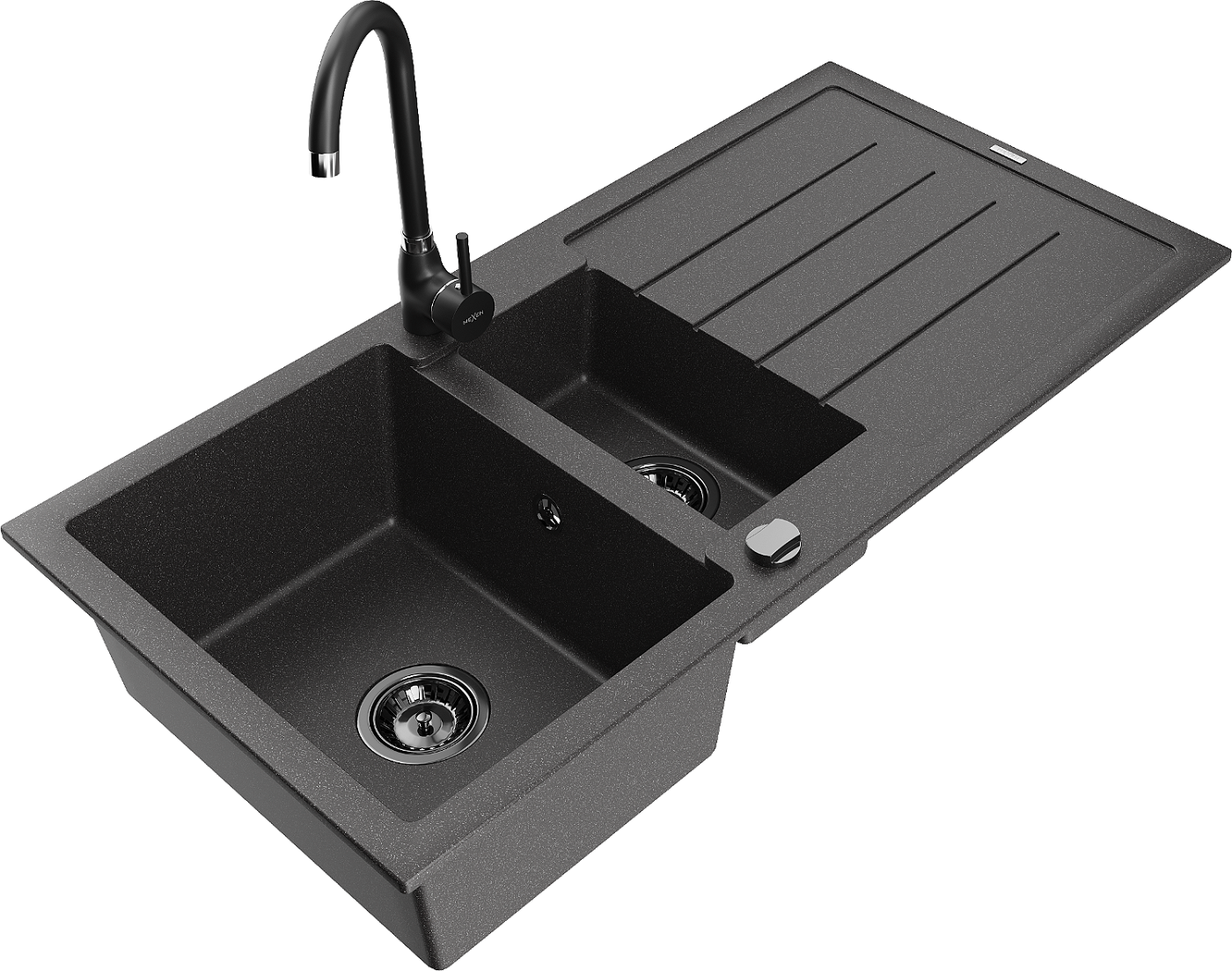 Mexen Andres zlewozmywak granitowy 1,5-komorowy z ociekaczem i baterią kuchenną Telma, czarny nakrapiany - 6515-76-670200-70-B