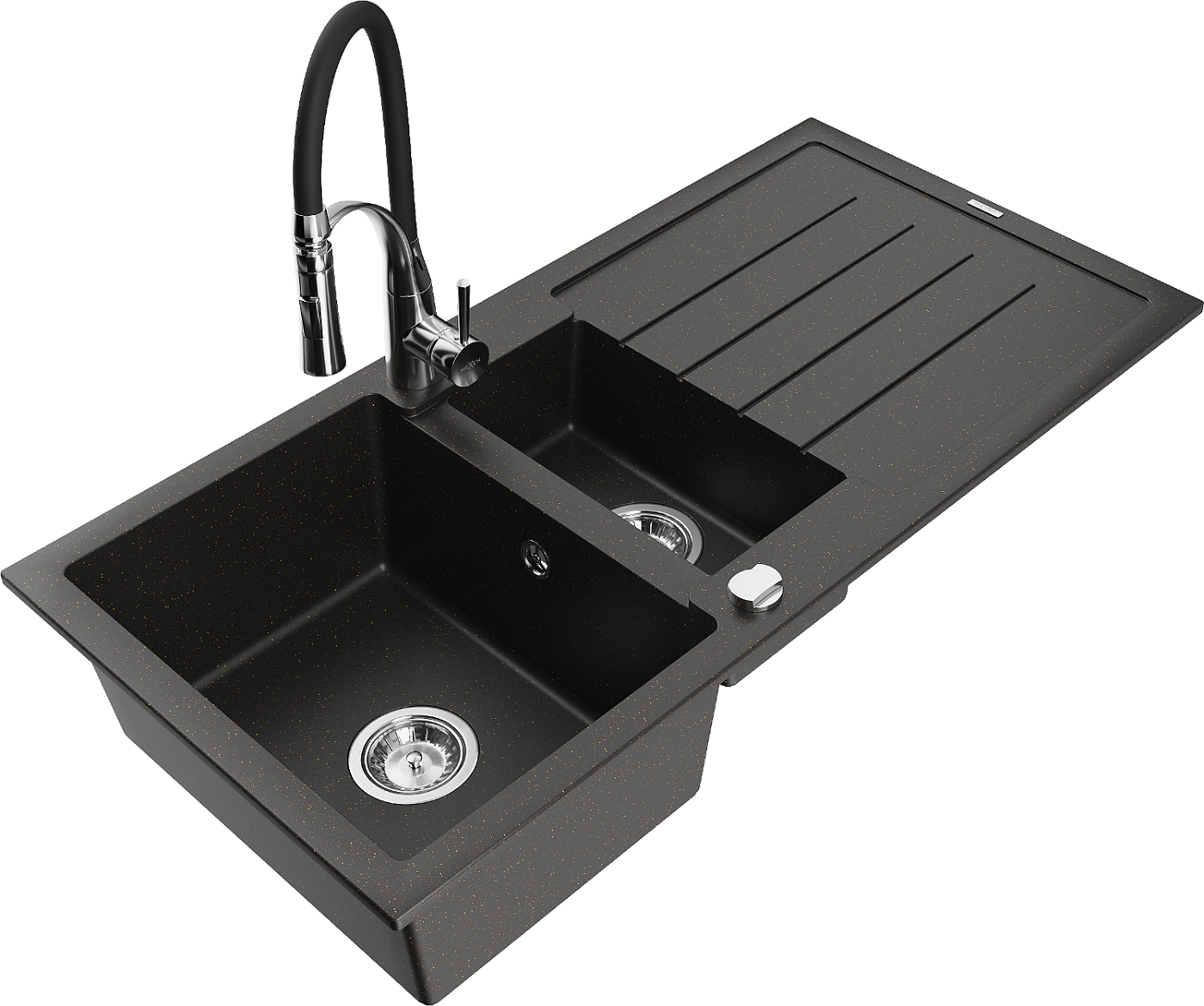 Mexen Andres zlewozmywak granitowy 1,5-komorowy z ociekaczem i baterią kuchenną Aster, czarny/złoty metalik - 6515-75-73450-07