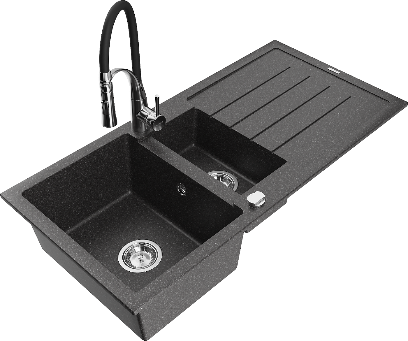 Mexen Andres zlewozmywak granitowy 1,5-komorowy z ociekaczem i baterią kuchenną Aster, czarny nakrapiany - 6515-76-73450-07
