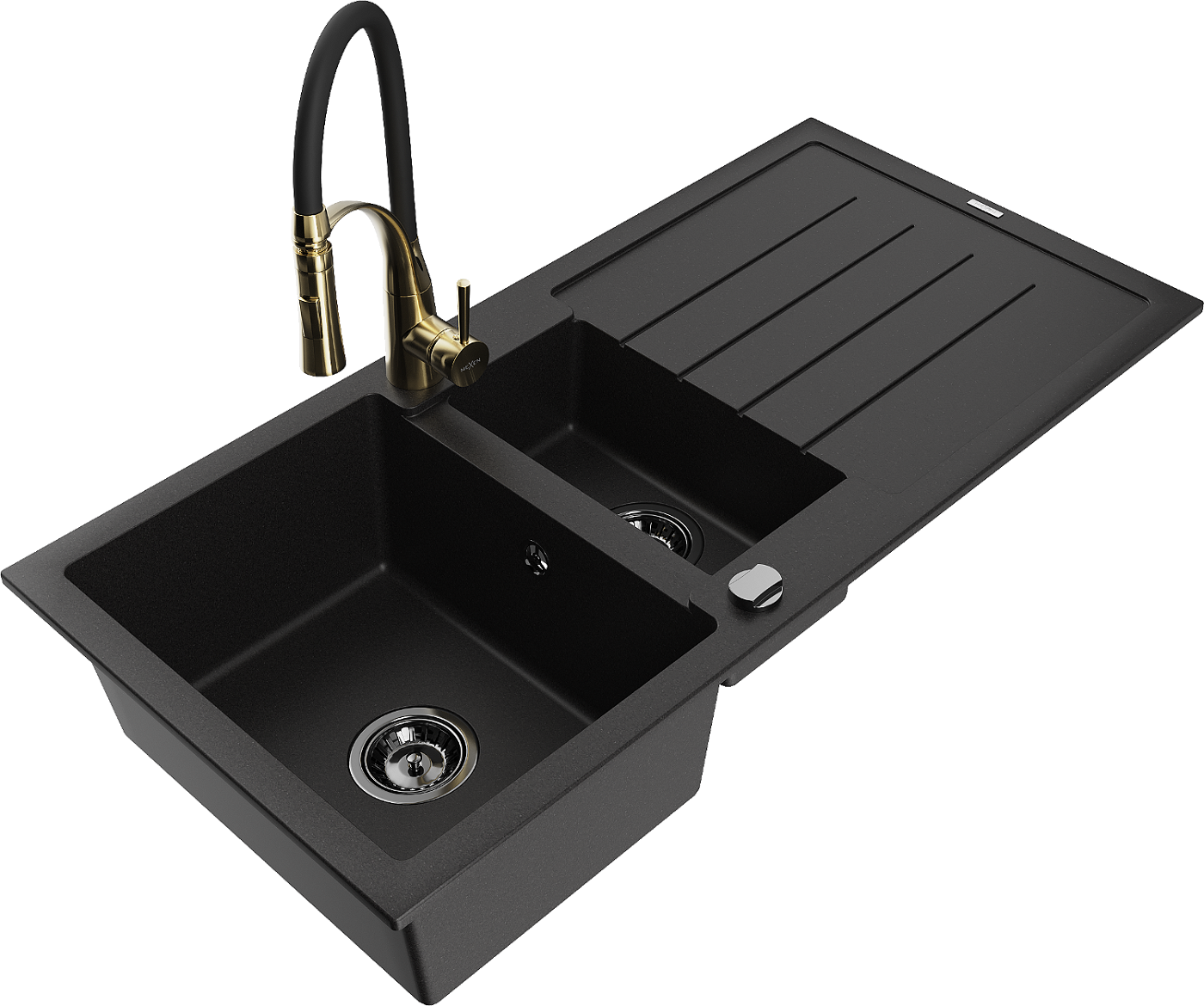 Mexen Andres zlewozmywak granitowy 1,5-komorowy z ociekaczem i baterią kuchenną Aster, czarny - 6515-77-73450-57-B
