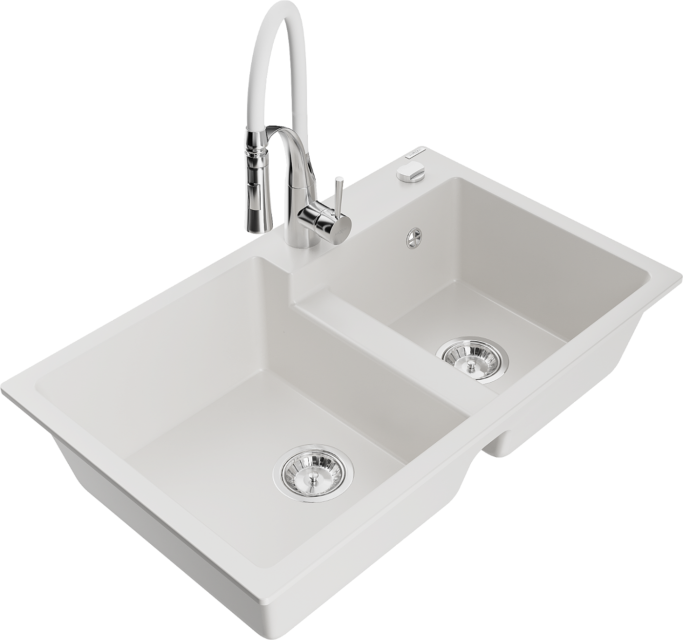 Mexen Tomas zlewozmywak granitowy 2-komorowy z baterią kuchenną Aster, biały - 6516-20-73450-02