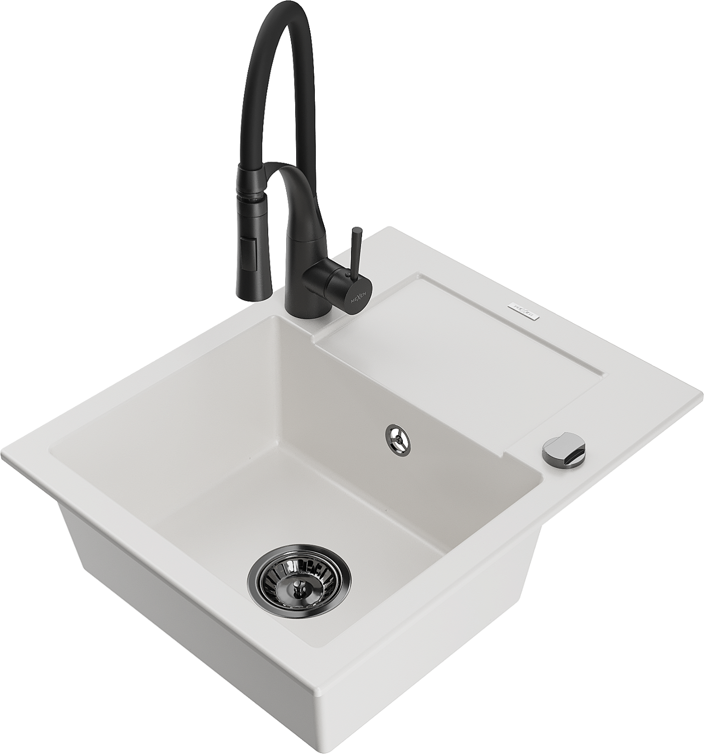 Mexen Enzo zlewozmywak granitowy 1-komorowy z ociekaczem i baterią kuchenną Aster, biały - 6506-20-73450-70-B