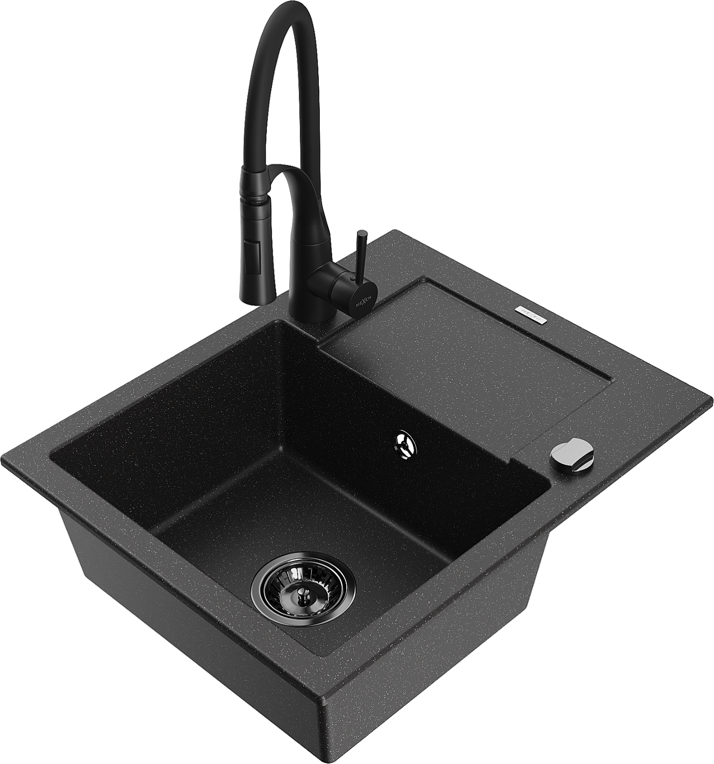 Mexen Enzo zlewozmywak granitowy 1-komorowy z ociekaczem i baterią kuchenną Aster, czarny/srebrny metalik - 6506-73-73450-70-B