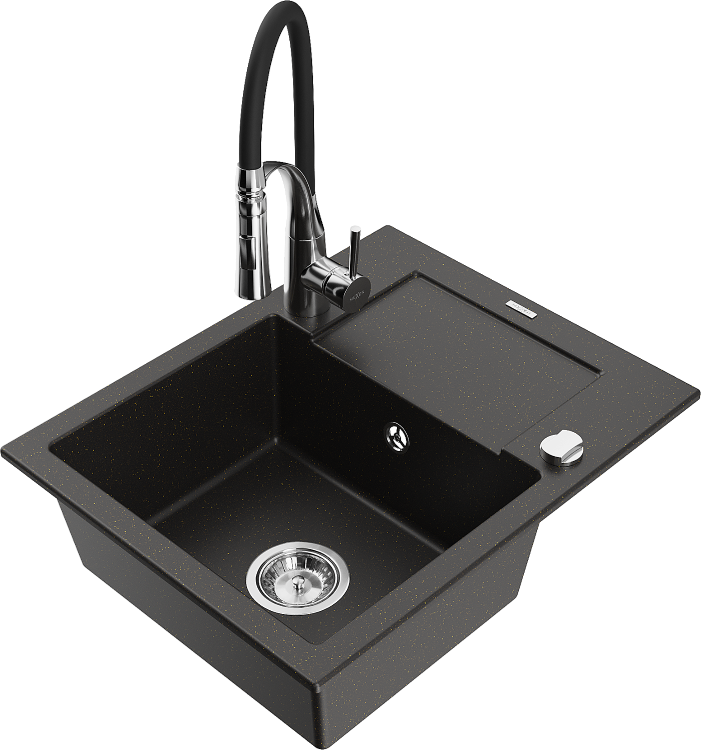 Mexen Enzo zlewozmywak granitowy 1-komorowy z ociekaczem i baterią kuchenną Aster, czarny/złoty metalik - 6506-75-73450-07