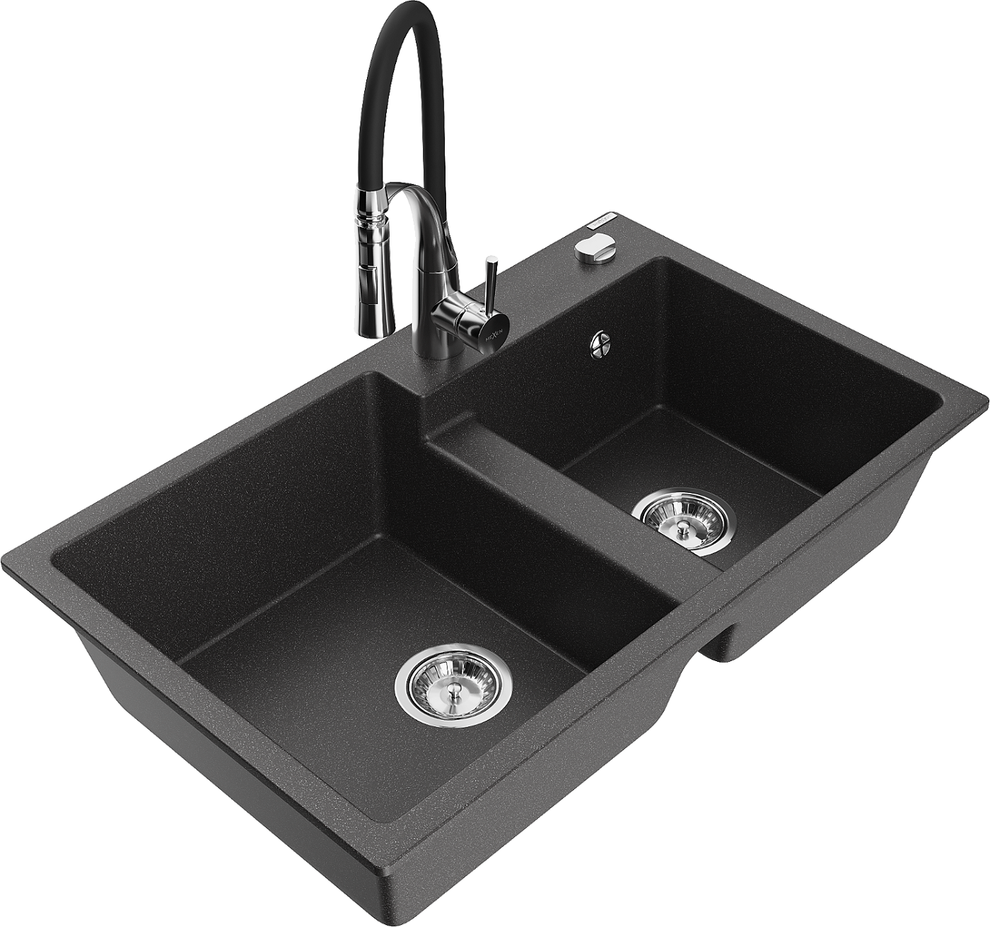 Mexen Tomas zlewozmywak granitowy 2-komorowy z baterią kuchenną Aster, czarny nakrapiany - 6516-76-73450-07