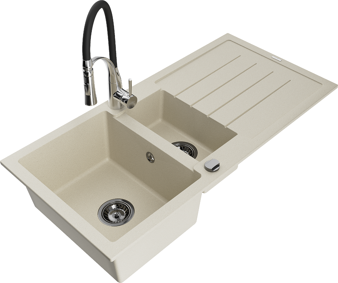 Mexen Andres zlewozmywak granitowy 1,5-komorowy z ociekaczem i baterią kuchenną Aster, beżowy - 6515-69-73450-07-B