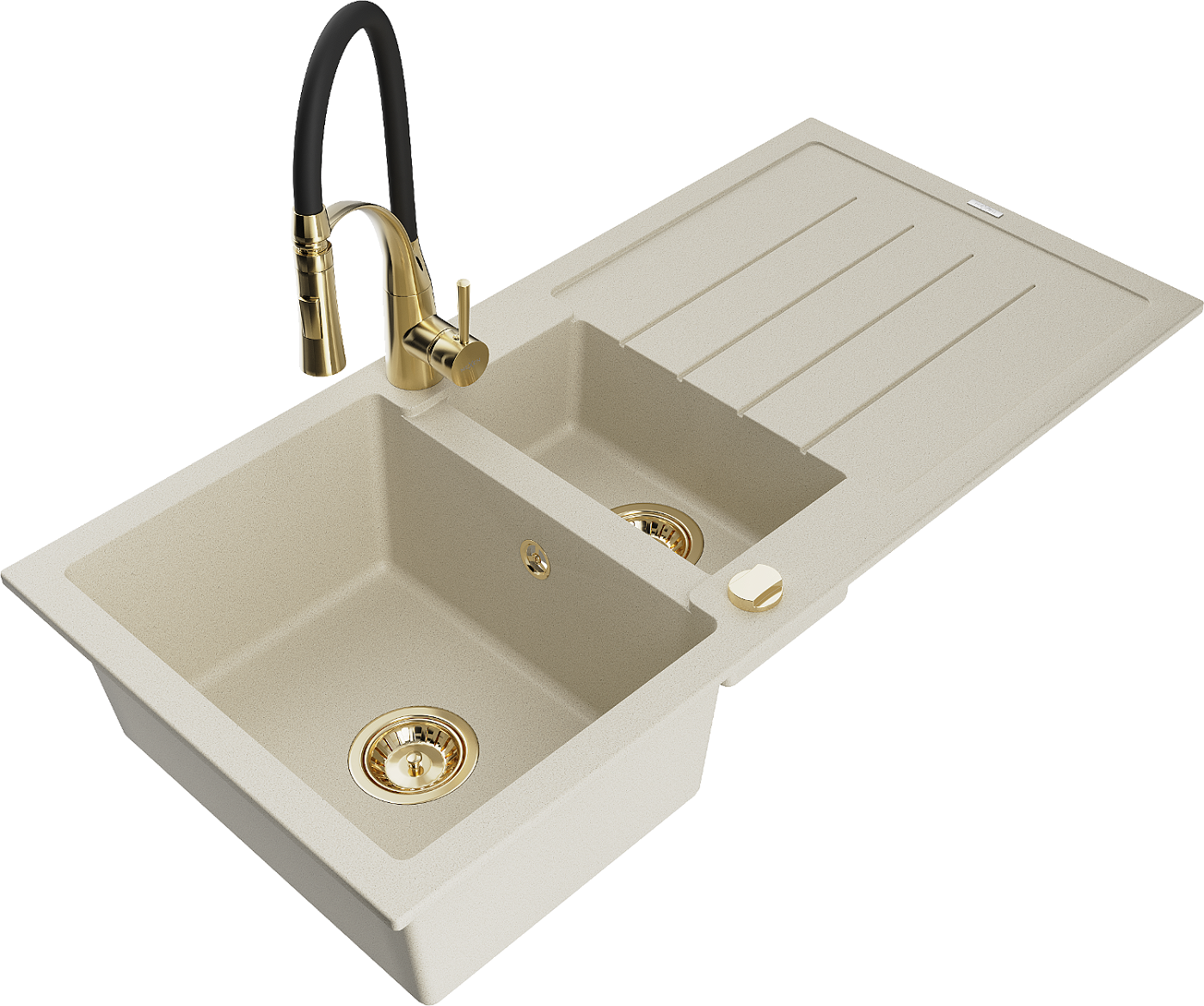 Mexen Andres zlewozmywak granitowy 1,5-komorowy z ociekaczem i baterią kuchenną Aster, beżowy - 6515-69-73450-57-G