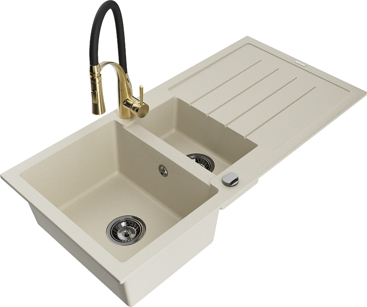 Mexen Andres zlewozmywak granitowy 1,5-komorowy z ociekaczem i baterią kuchenną Aster, beżowy - 6515-69-73450-57-B
