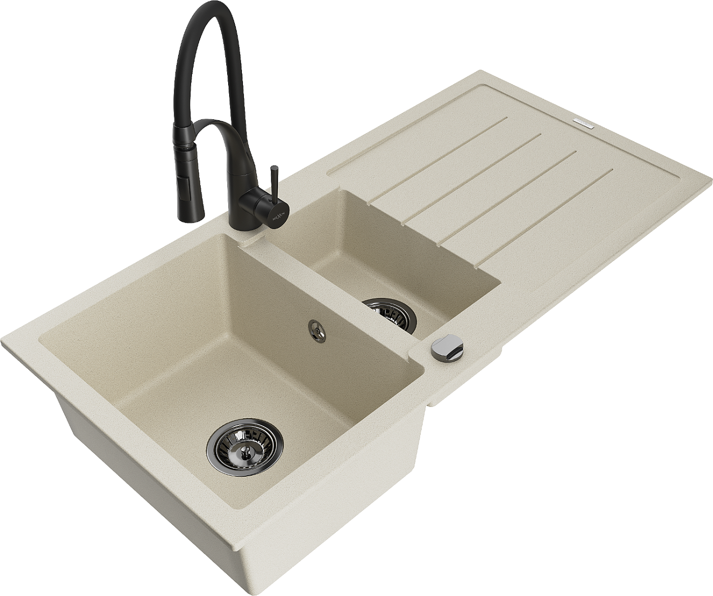 Mexen Andres zlewozmywak granitowy 1,5-komorowy z ociekaczem i baterią kuchenną Aster, beżowy - 6515-69-73450-70-B