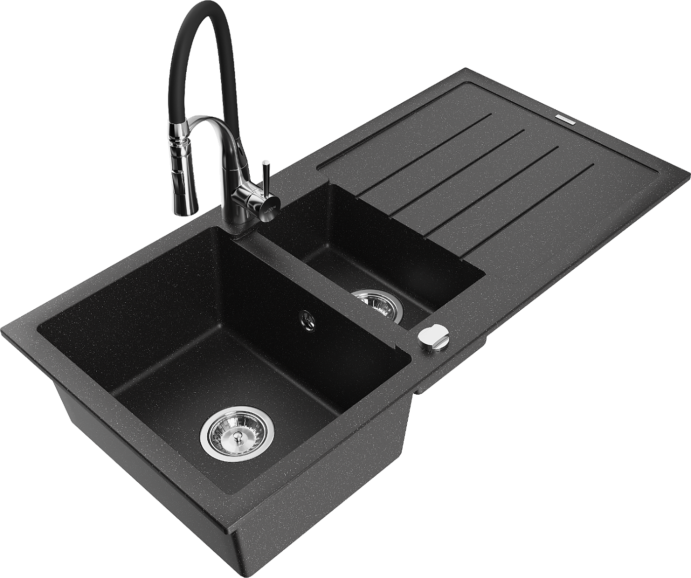 Mexen Andres zlewozmywak granitowy 1,5-komorowy z ociekaczem i baterią kuchenną Aster, czarny/srebrny metalik - 6515-73-73450-07