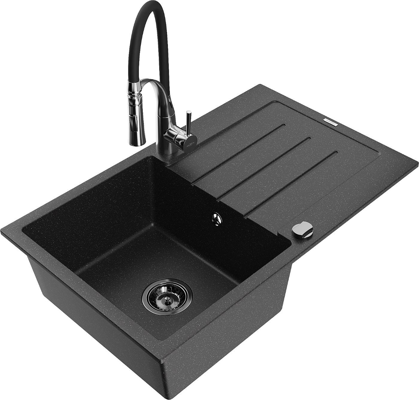 Mexen Bruno zlewozmywak granitowy 1-komorowy z ociekaczem i baterią kuchenną Aster, czarny/srebrny metalik - 6513-73-73450-07-B