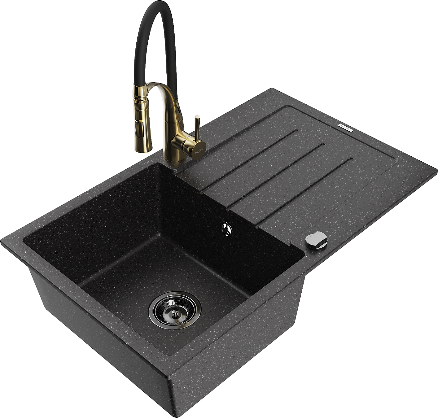Mexen Bruno zlewozmywak granitowy 1-komorowy z ociekaczem i baterią kuchenną Aster, czarny/srebrny metalik - 6513-73-73450-57-B