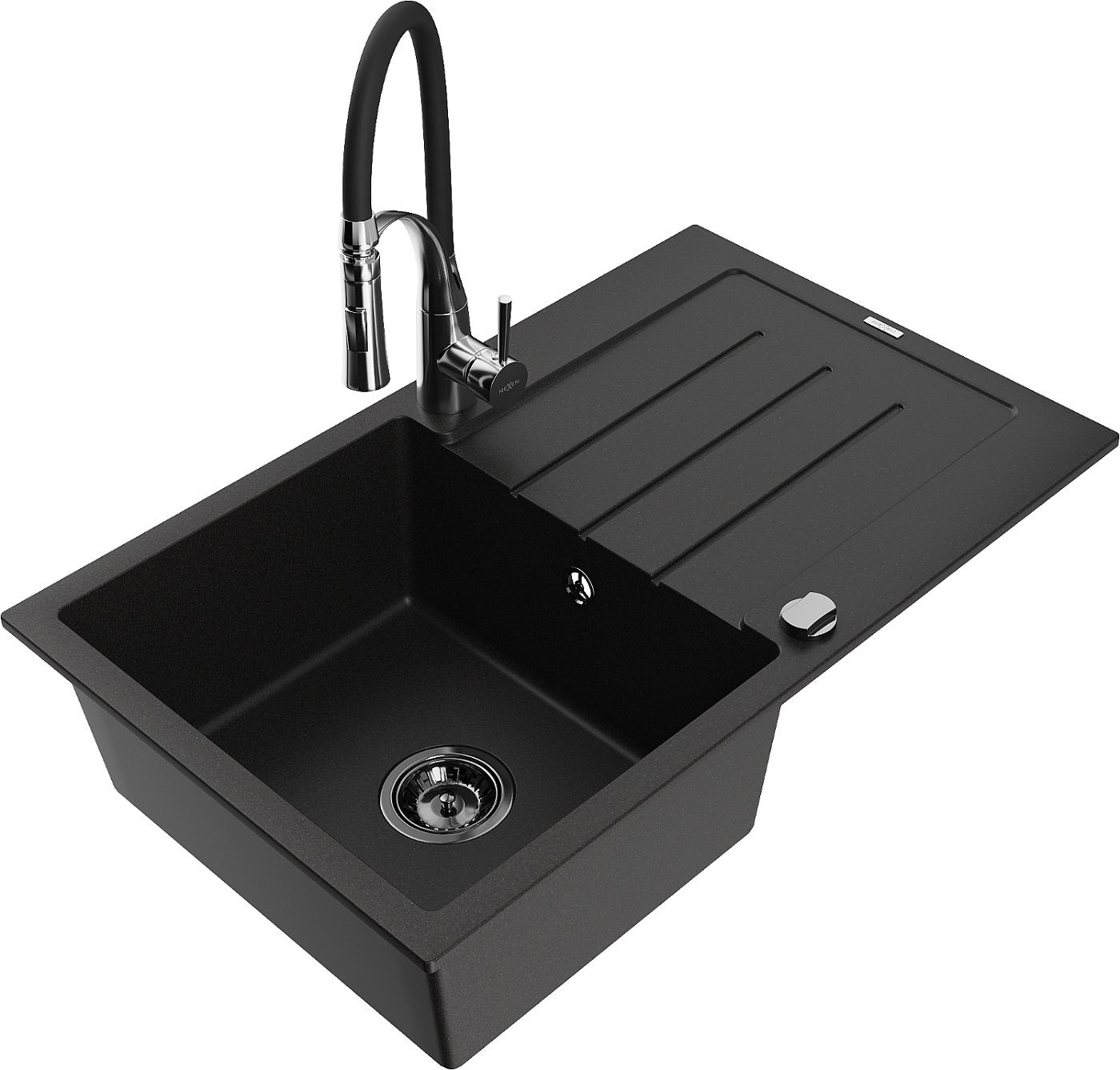 Mexen Bruno zlewozmywak granitowy 1-komorowy z ociekaczem i baterią kuchenną Aster, czarny - 6513-77-73450-07-B