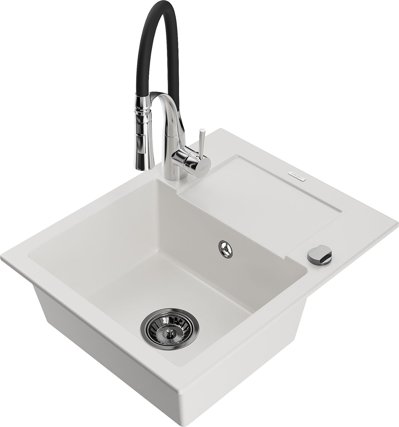 Mexen Enzo zlewozmywak granitowy 1-komorowy z ociekaczem i baterią kuchenną Aster, biały - 6506-20-73450-07-B