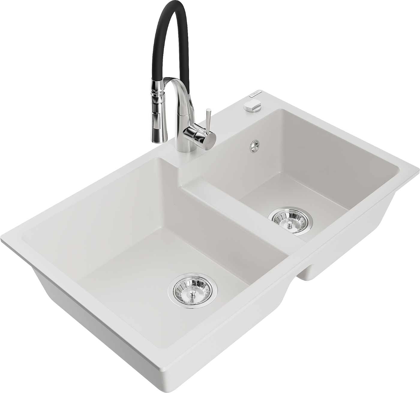 Mexen Tomas zlewozmywak granitowy 2-komorowy z baterią kuchenną Aster, biały - 6516-20-73450-07