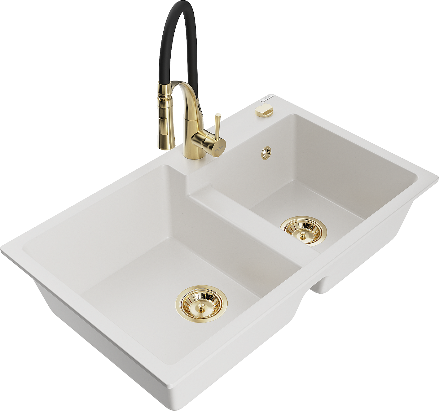 Mexen Tomas zlewozmywak granitowy 2-komorowy z baterią kuchenną Aster, biały - 6516-20-73450-57-G