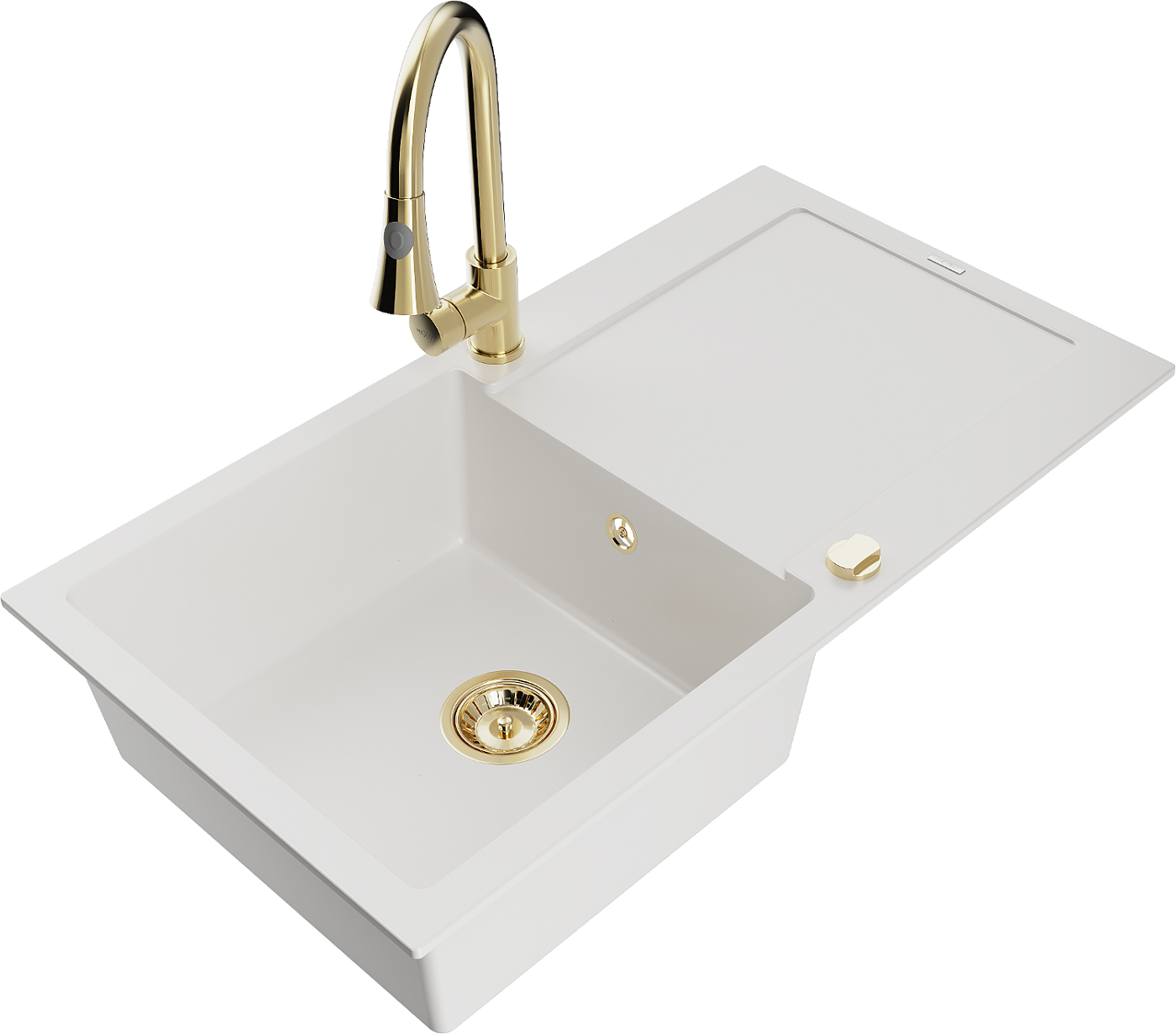 Mexen Leo zlewozmywak granitowy 1-komorowy z ociekaczem i baterią kuchenną Elia, biały - 6501-20-670101-50