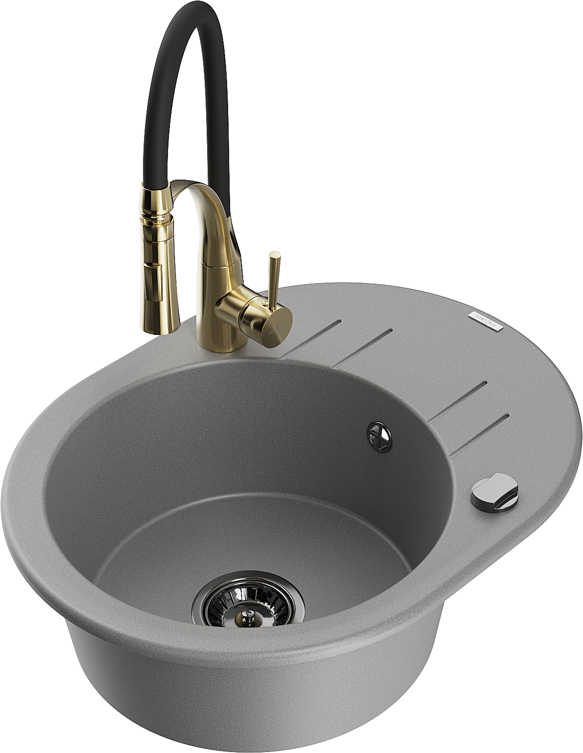 Mexen Kevin zlewozmywak granitowy 1-komorowy z ociekaczem i baterią kuchenną Aster, szary - 6517-71-73450-57-B