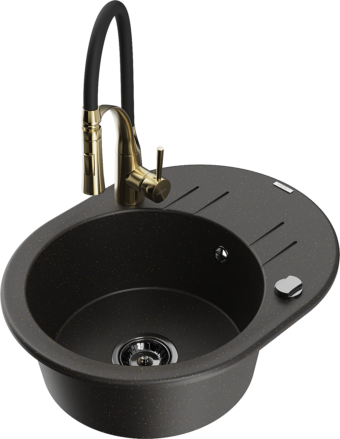 Mexen Kevin zlewozmywak granitowy 1-komorowy z ociekaczem i baterią kuchenną Aster, czarny/złoty metalik - 6517-75-73450-57-B