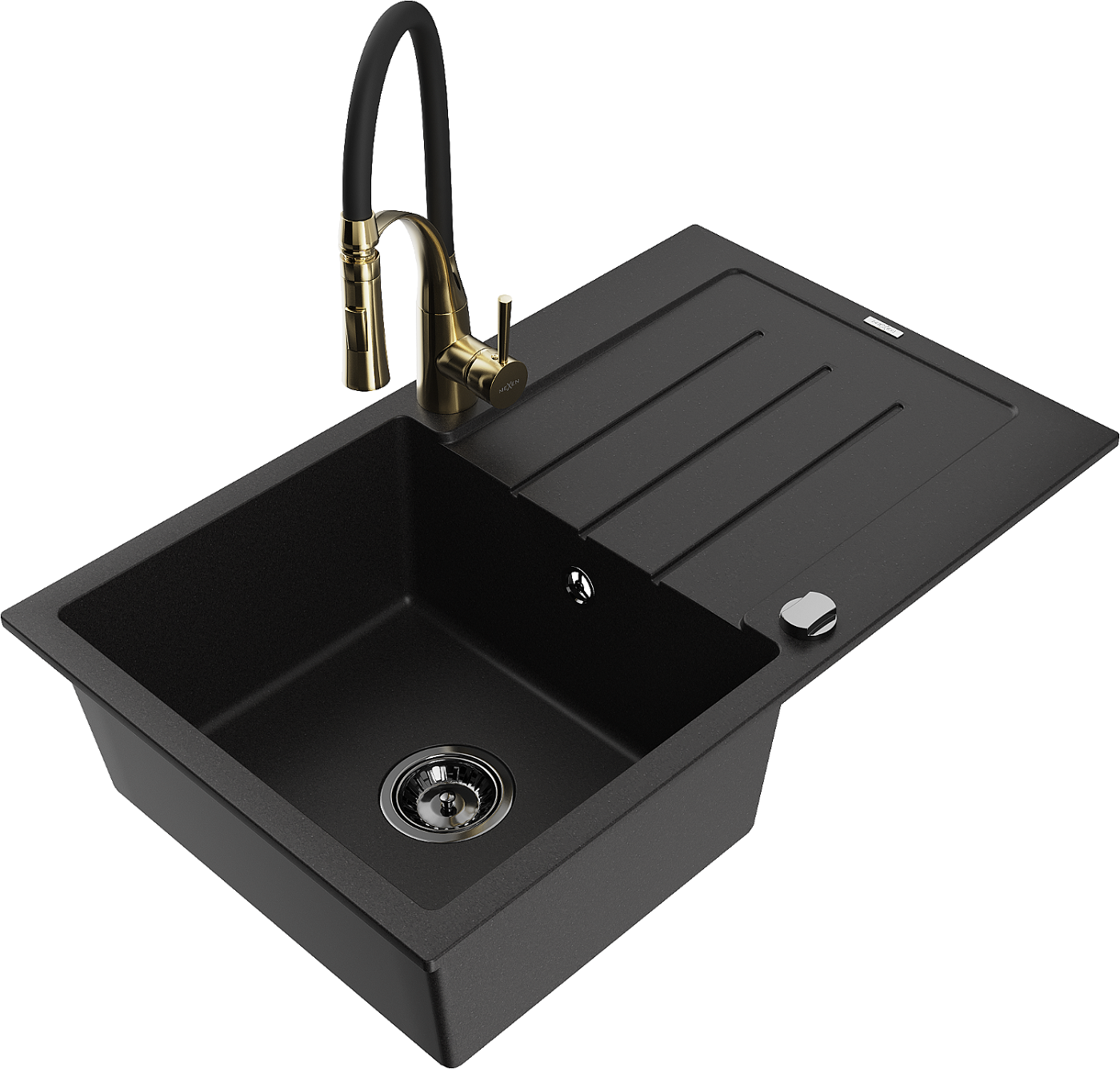 Mexen Bruno zlewozmywak granitowy 1-komorowy z ociekaczem i baterią kuchenną Aster, czarny - 6513-77-73450-57-B