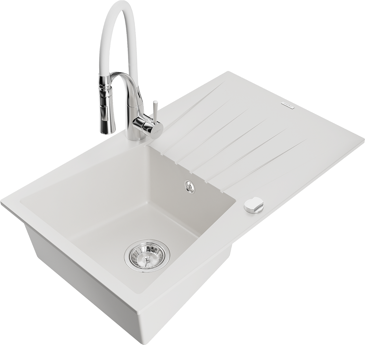 Mexen Cesar zlewozmywak granitowy 1-komorowy z ociekaczem i baterią kuchenną Aster, biały - 6514-20-73450-02