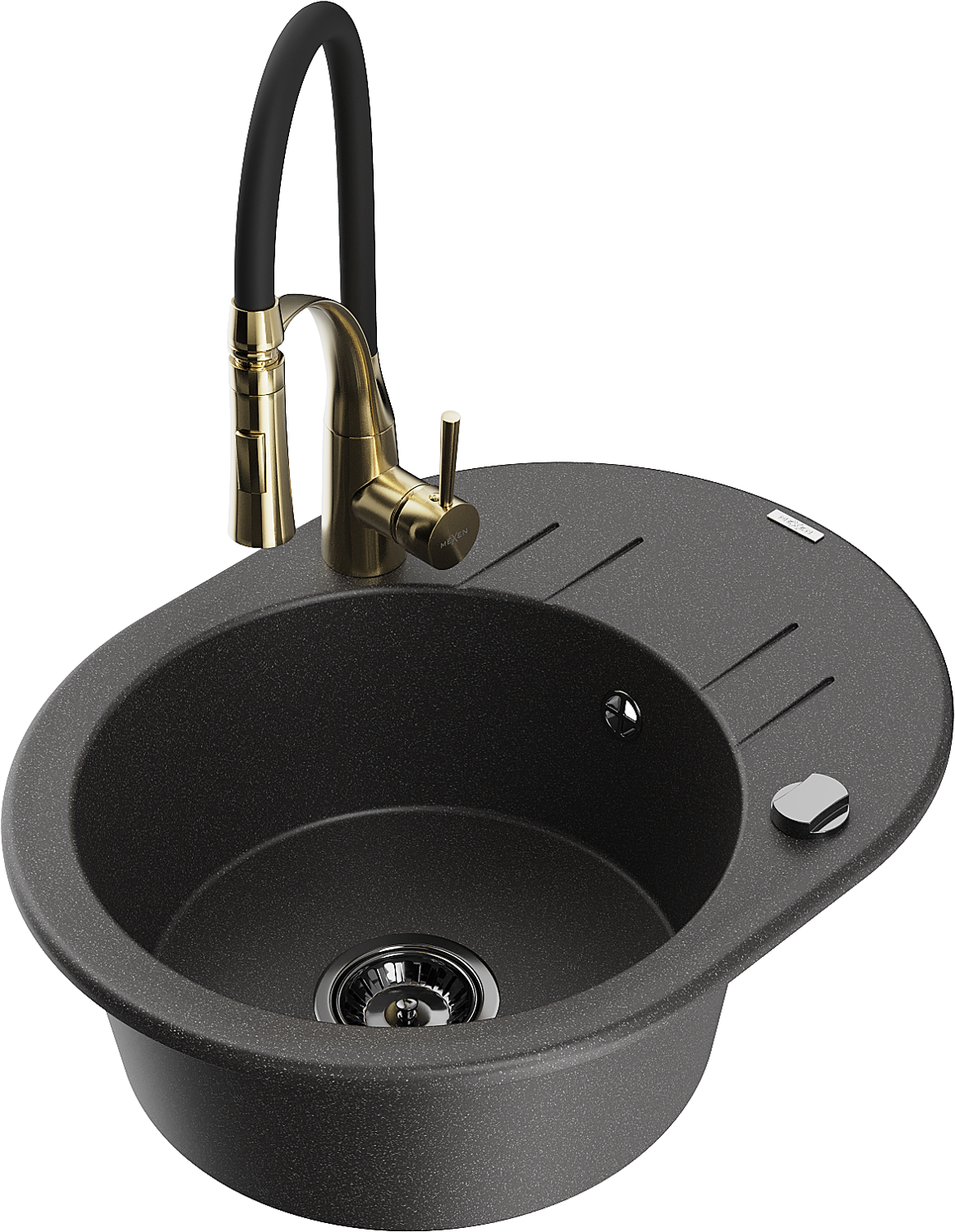 Mexen Kevin zlewozmywak granitowy 1-komorowy z ociekaczem i baterią kuchenną Aster, czarny nakrapiany - 6517-76-73450-57-B