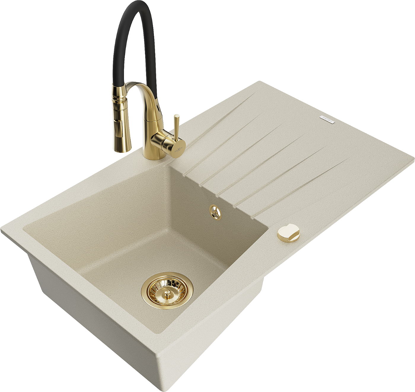 Mexen Cesar zlewozmywak granitowy 1-komorowy z ociekaczem i baterią kuchenną Aster, beżowy - 6514-69-73450-57-G