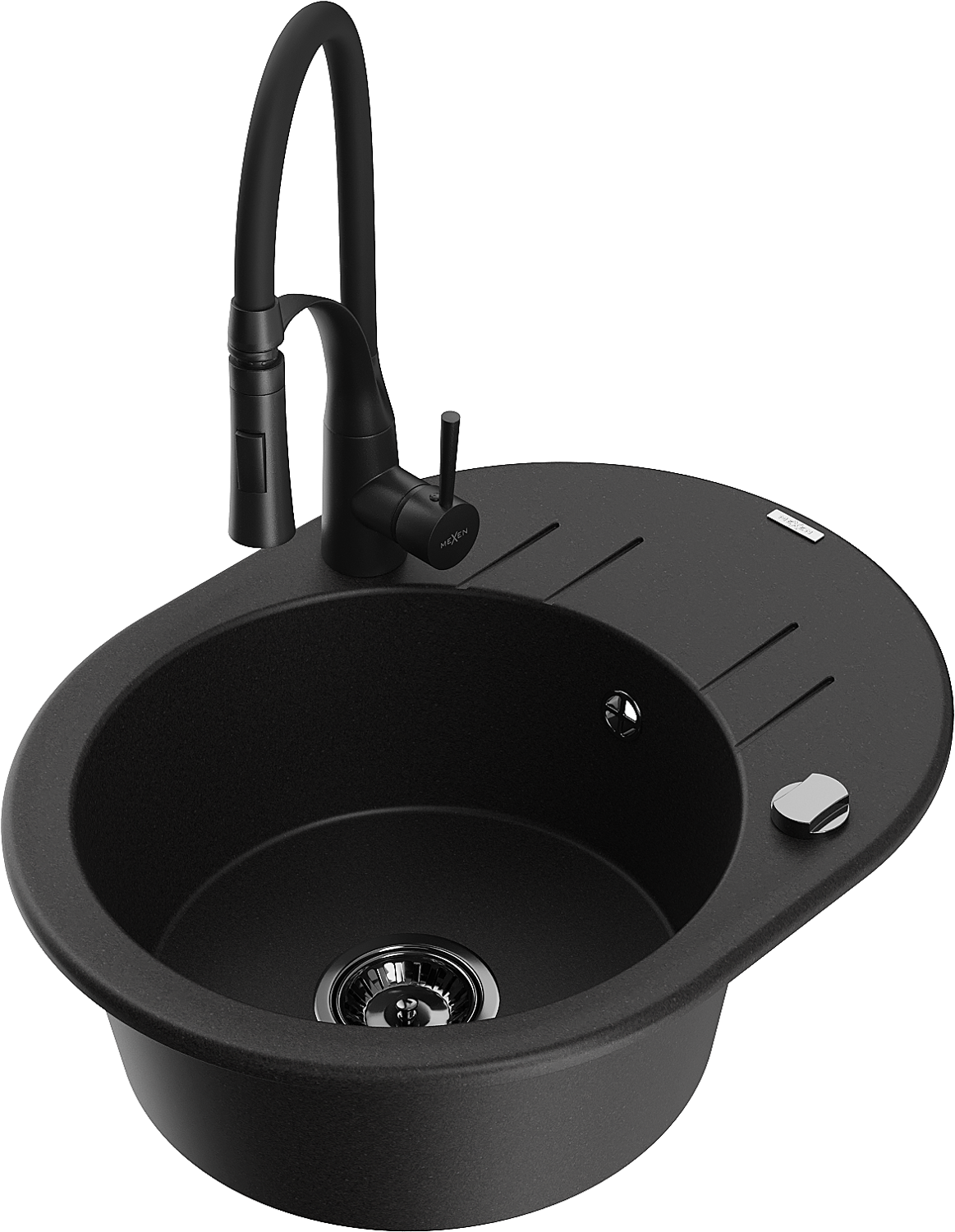 Mexen Kevin zlewozmywak granitowy 1-komorowy z ociekaczem i baterią kuchenną Aster, czarny - 6517-77-73450-70-B