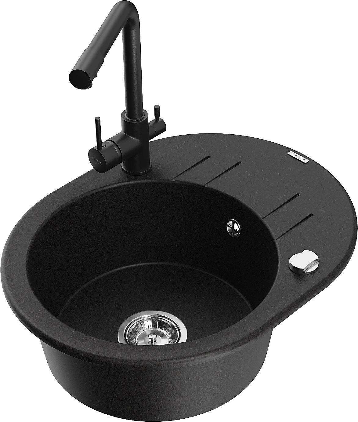 Mexen Kevin zlewozmywak granitowy 1-komorowy z ociekaczem i baterią kuchenną Duero, czarny - 6517-77-671600-70