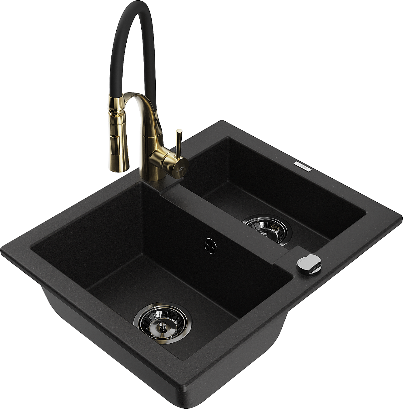 Mexen Carlos zlewozmywak granitowy 1,5-komorowy z baterią kuchenną Aster, czarny - 6518-77-73450-57-B