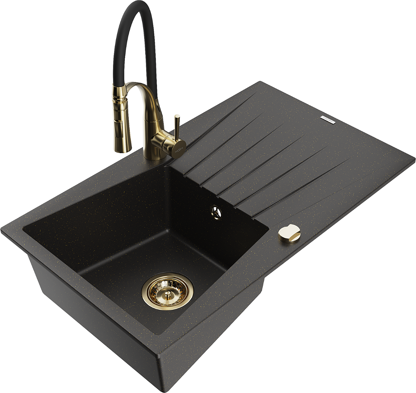 Mexen Cesar zlewozmywak granitowy 1-komorowy z ociekaczem i baterią kuchenną Aster, czarny/złoty metalik - 6514-75-73450-57-G